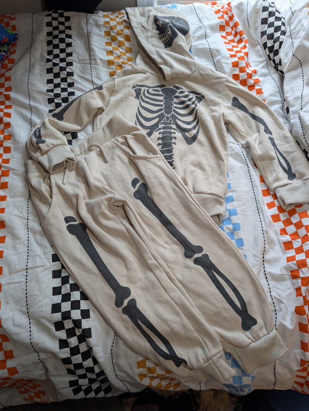 Free Planet Beige Hoodie & Jogger Pajama Set with Black Skeleton Print
